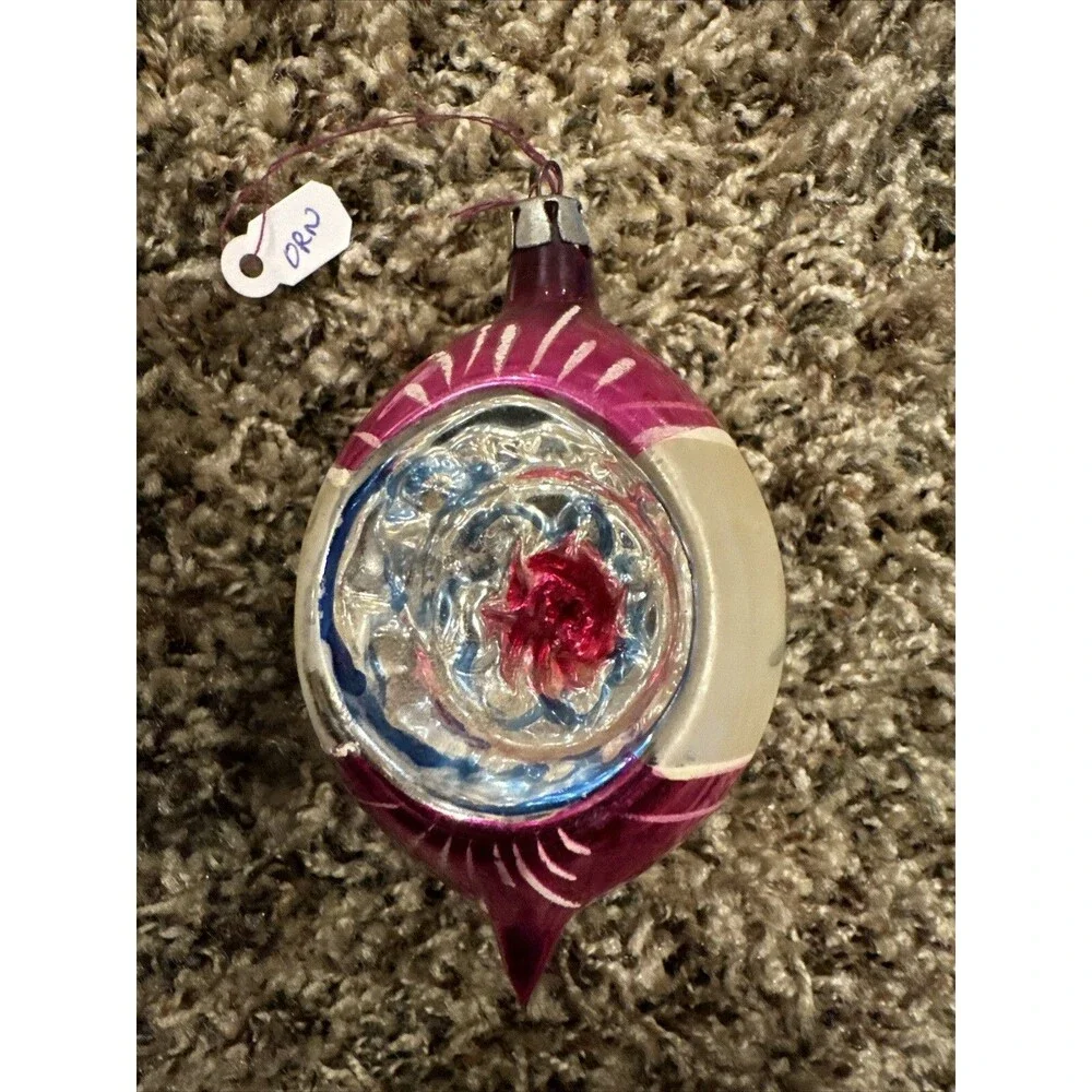 Antique Pink Teardrop Indent Christmas Ornament Poland Branch Pinecone Scene